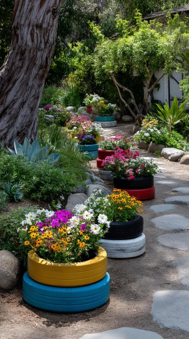 14. Tire planters painted vibrant colors with floral arrangements-1