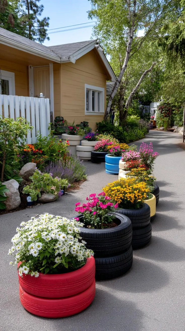 14. Tire planters painted vibrant colors with floral arrangements-2