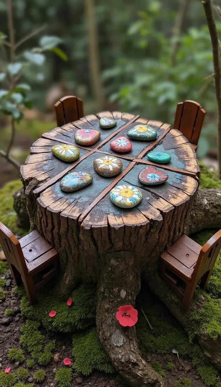 15. Tree stump fairy table with painted tic-tac-toe rocks-0