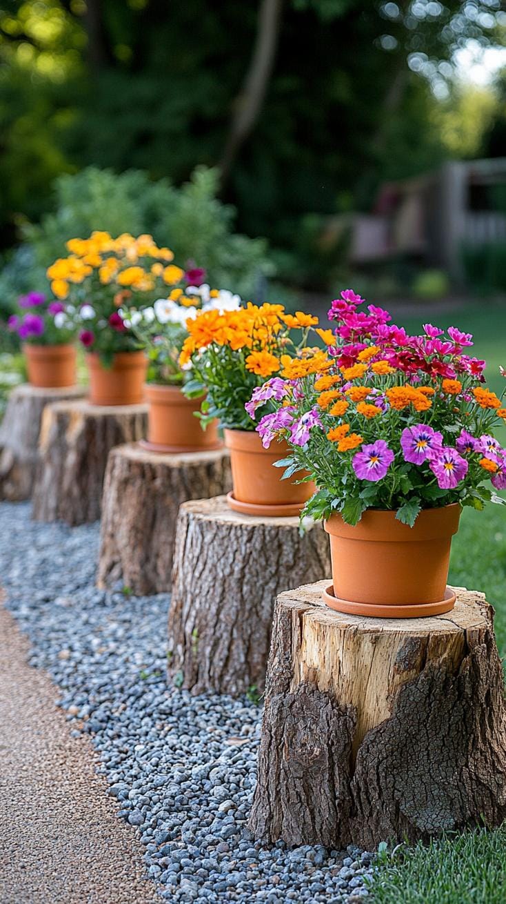 25 Rustic Farmhouse Garden Decor Ideas You Must See 19 9. Tree stumps repurposed as natural flower pedestals-0