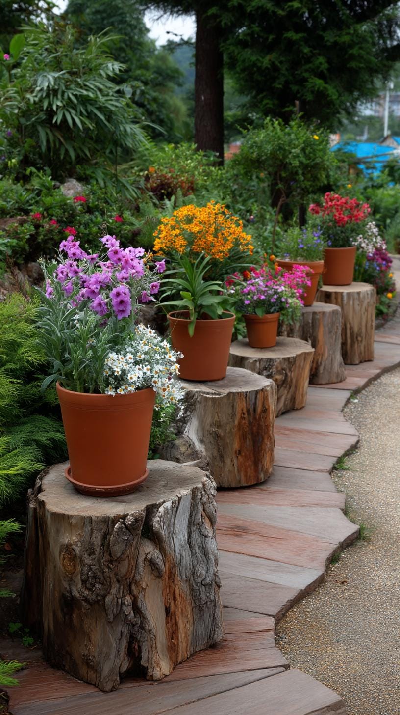 25 Rustic Farmhouse Garden Decor Ideas You Must See 20 9. Tree stumps repurposed as natural flower pedestals-1