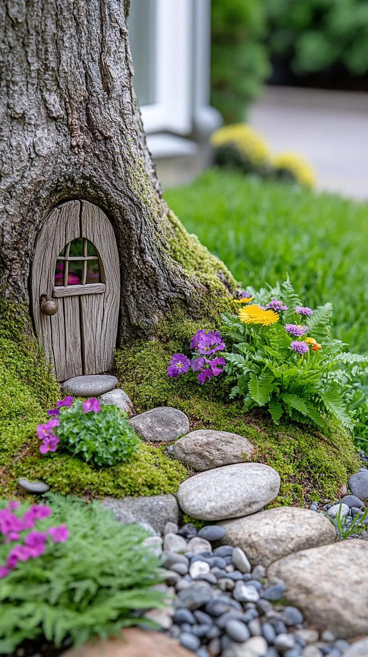 37 Whimsical Garden Ideas for a Magical Backyard 2 1. Tree trunk fairy door with pebble walkway-0
