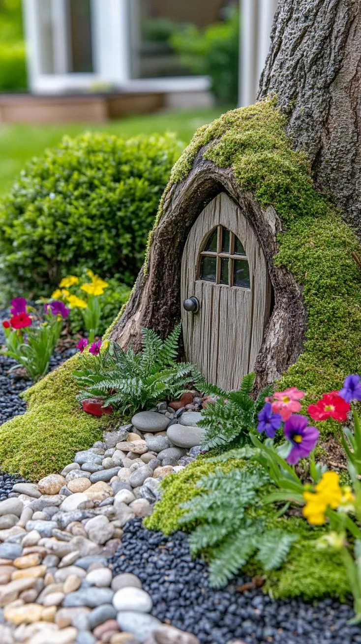37 Whimsical Garden Ideas for a Magical Backyard 3 1. Tree trunk fairy door with pebble walkway-1
