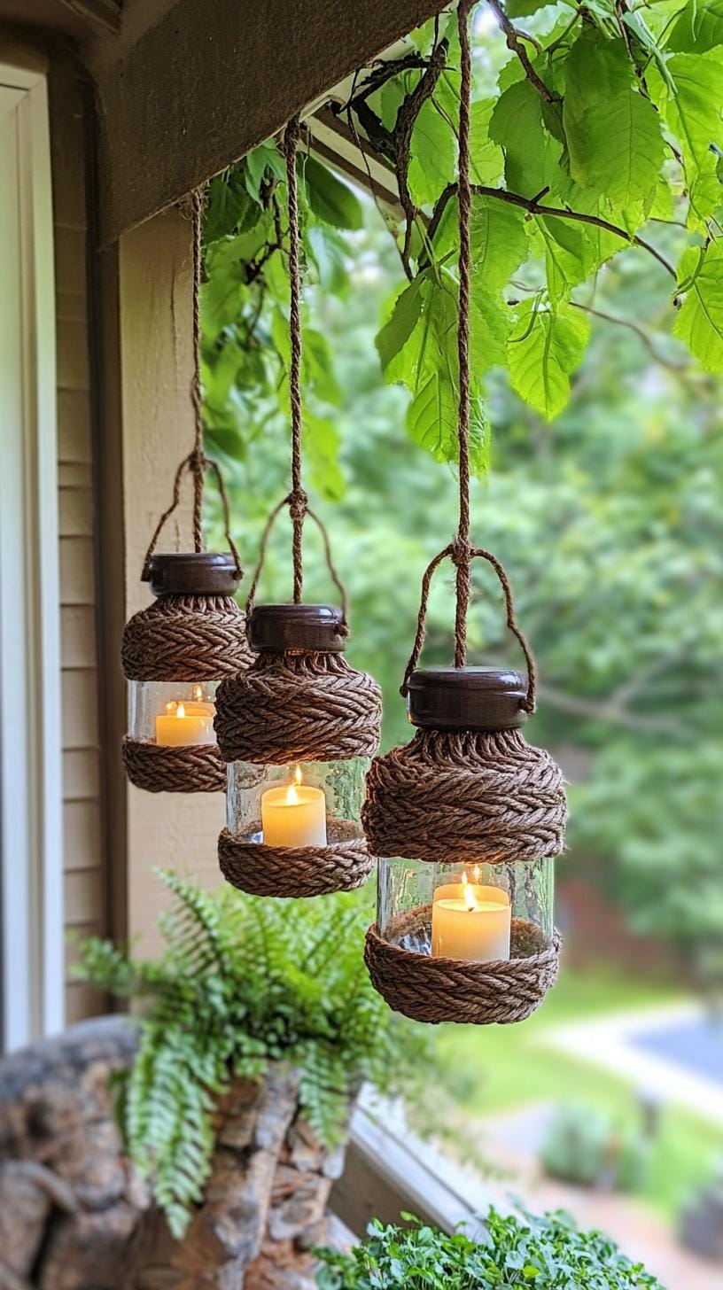 25 Rustic Farmhouse Garden Decor Ideas You Must See 28 14. Twine-wrapped lanterns hanging from low tree branches-0