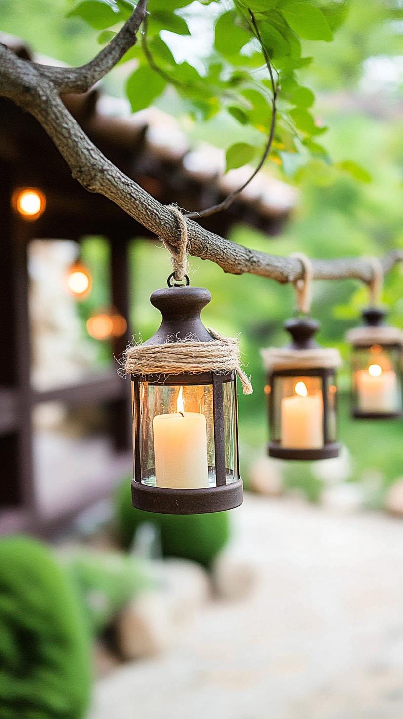 25 Rustic Farmhouse Garden Decor Ideas You Must See 29 14. Twine-wrapped lanterns hanging from low tree branches-1