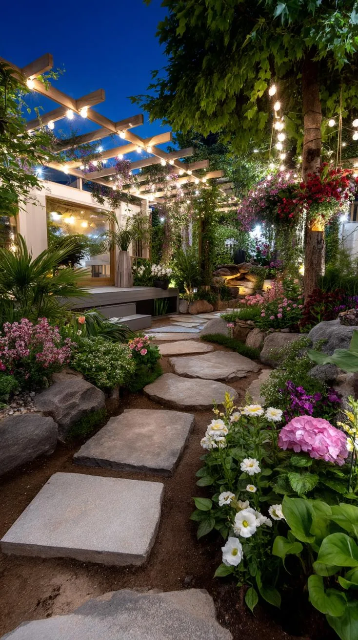 2. Twinkling garden canopy with fairy lights and stepping stones-0