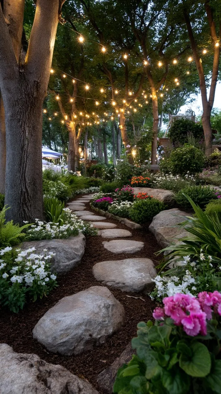 2. Twinkling garden canopy with fairy lights and stepping stones-1