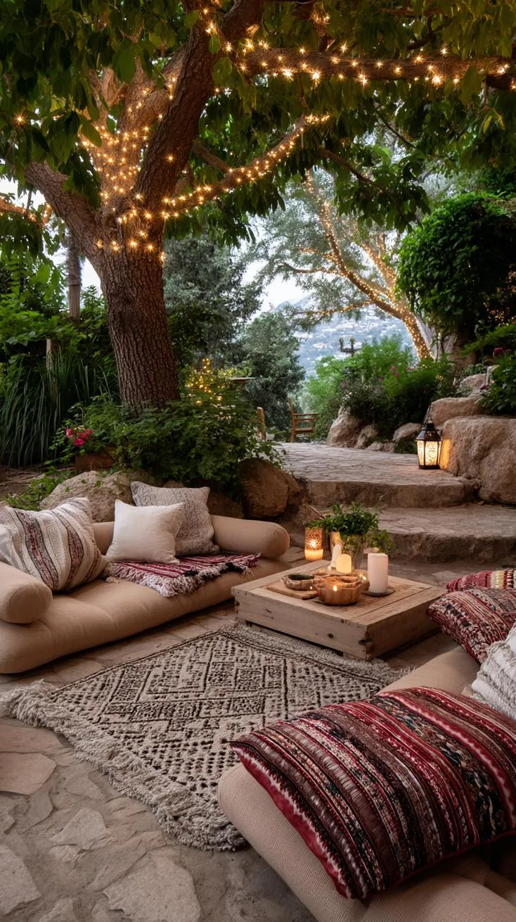 37 Whimsical Garden Ideas for a Magical Backyard 19 7. Twinkling lights above boho garden seating-1