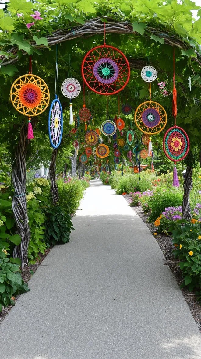 37 Whimsical Garden Ideas for a Magical Backyard 80 31. Twisted vine arbor with dreamcatchers hanging-0