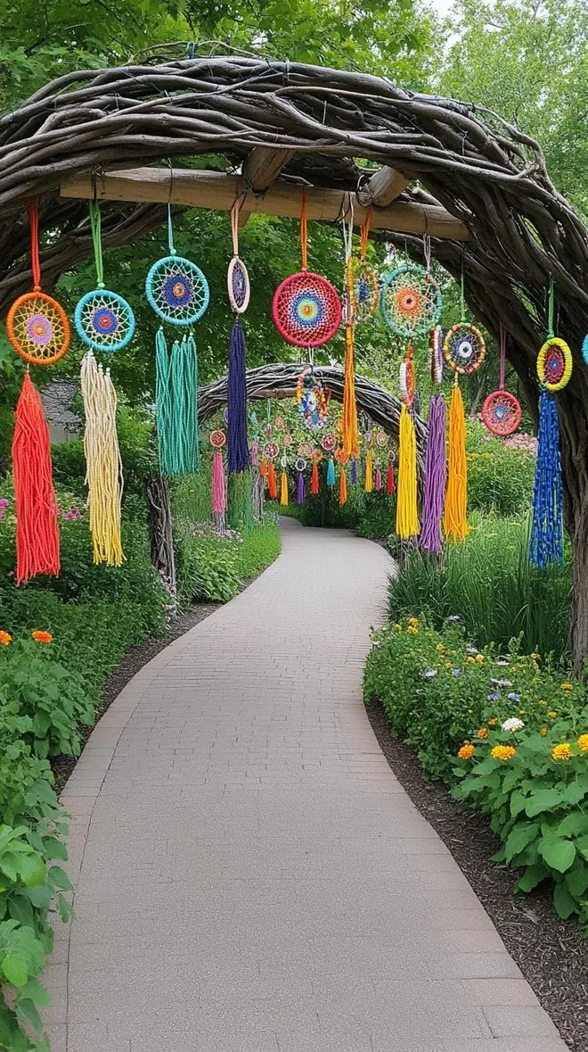 37 Whimsical Garden Ideas for a Magical Backyard 82 31. Twisted vine arbor with dreamcatchers hanging-2