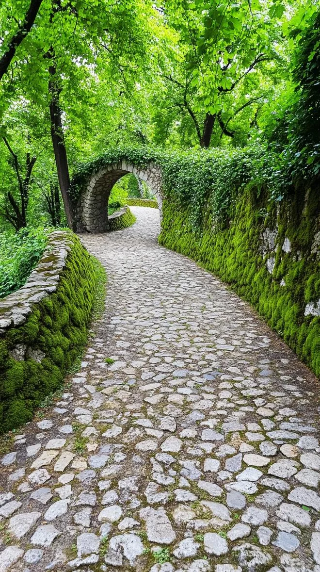 10. Twisting stone path flanked by moss walls-0