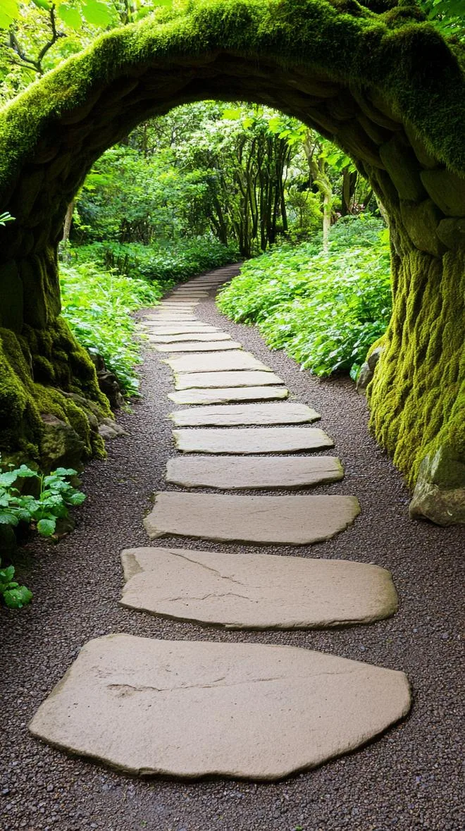 10. Twisting stone path flanked by moss walls-1