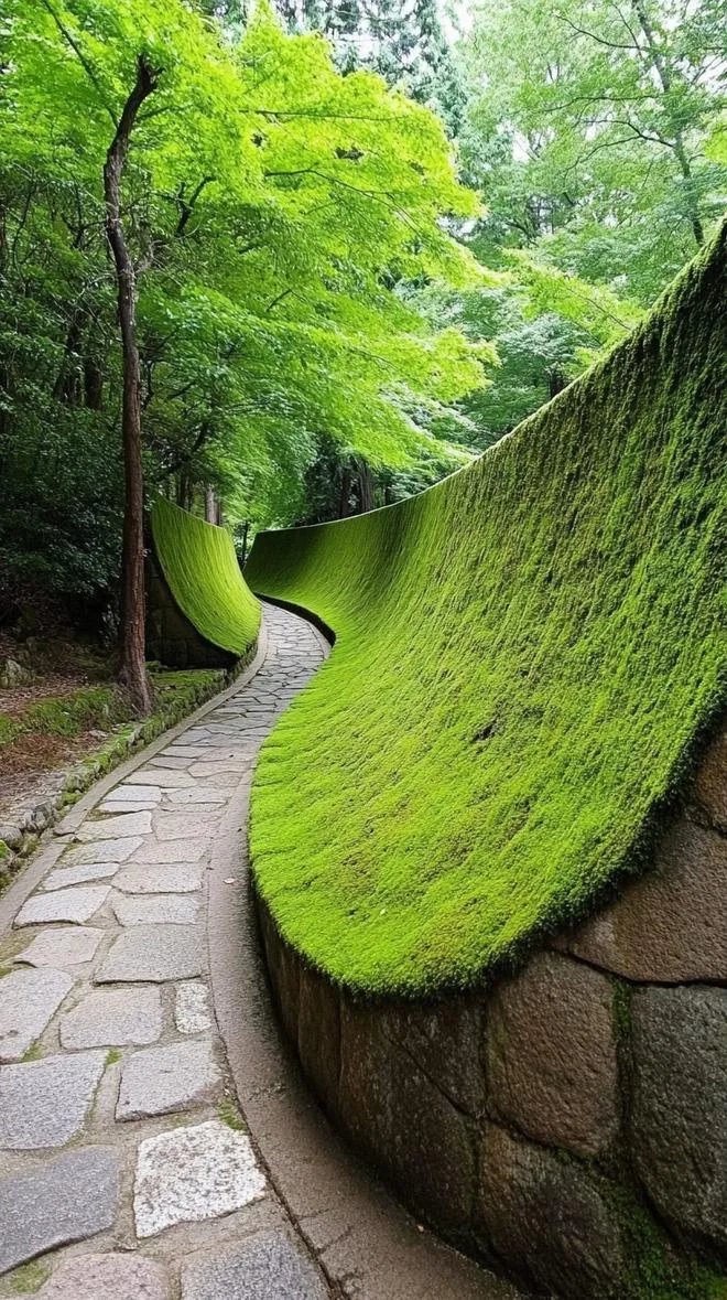 10. Twisting stone path flanked by moss walls-2