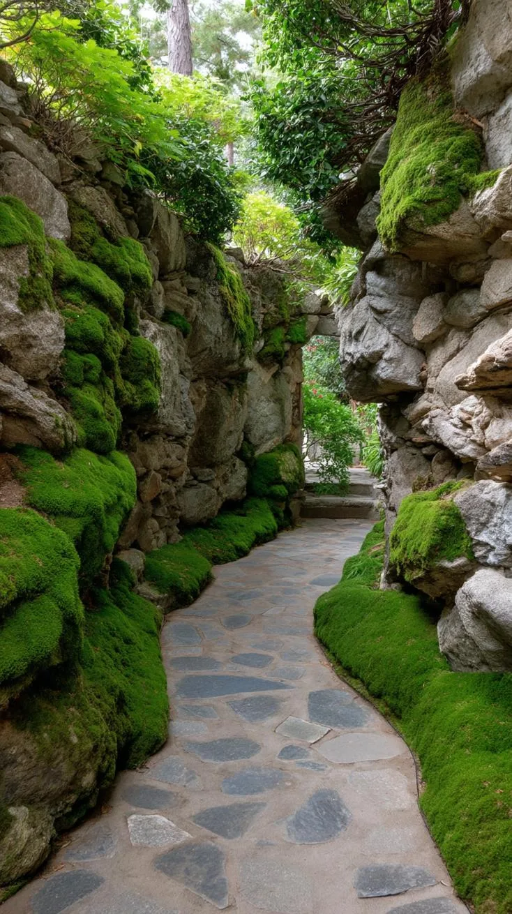 10. Twisting stone path flanked by moss walls-3