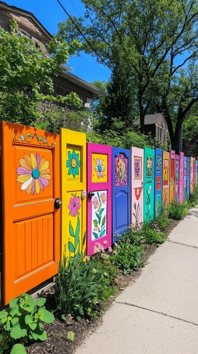 35 Unique Privacy Fence Ideas for a More Private Backyard 71 29. Upcycled door privacy wall painted bright colors-0