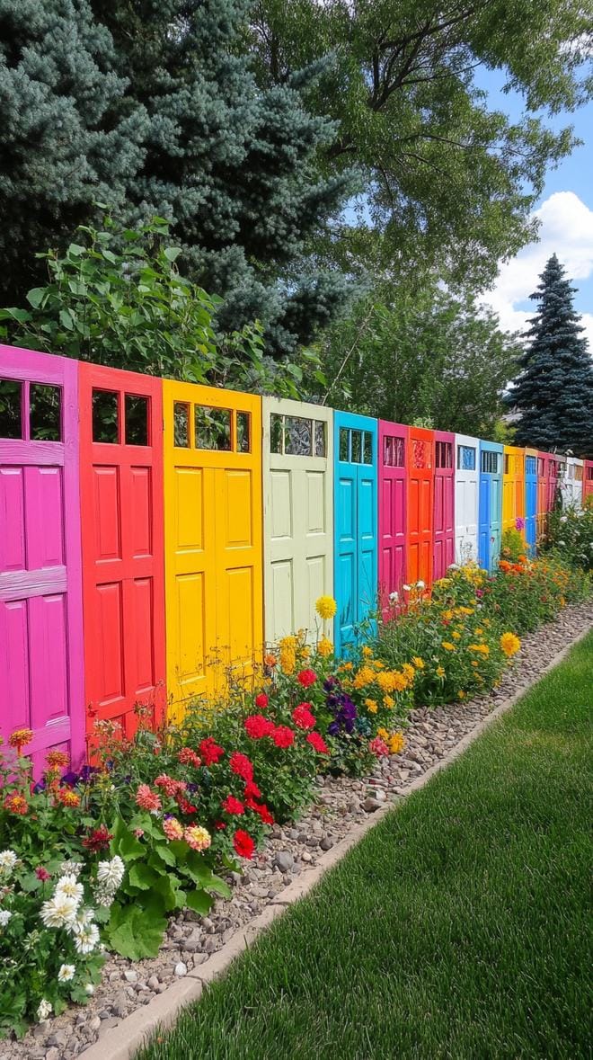 35 Unique Privacy Fence Ideas for a More Private Backyard 72 29. Upcycled door privacy wall painted bright colors-1