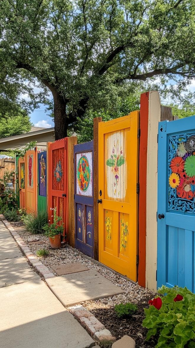 35 Unique Privacy Fence Ideas for a More Private Backyard 73 29. Upcycled door privacy wall painted bright colors-2