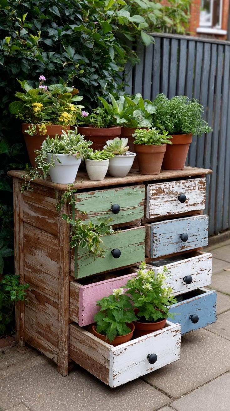 29 Vintage Garden Decor Ideas That Bring Rustic Charm Outdoors 99 25. Upcycled drawer unit filled with potted plants-0