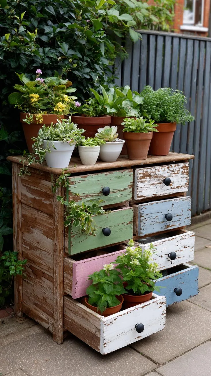 29 Vintage Garden Decor Ideas That Bring Rustic Charm Outdoors 98 25. Upcycled drawer unit filled with potted plants-0