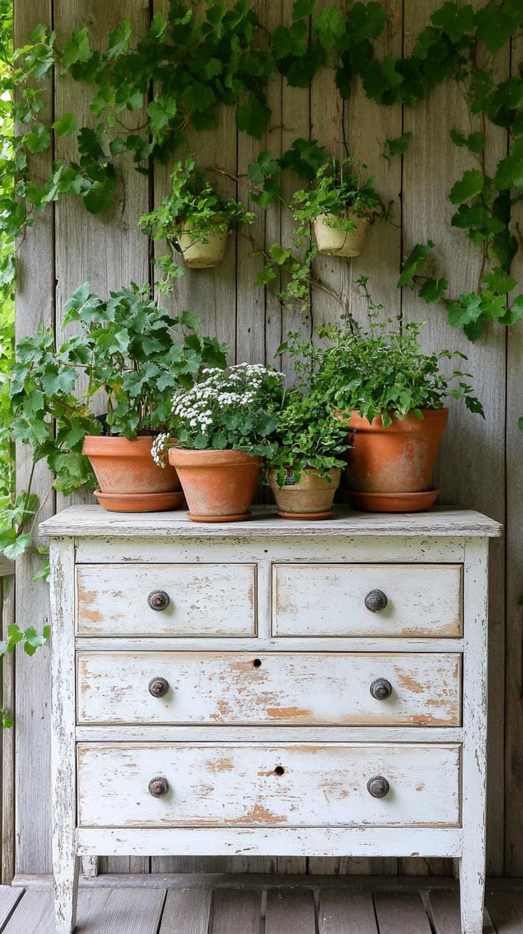 29 Vintage Garden Decor Ideas That Bring Rustic Charm Outdoors 100 25. Upcycled drawer unit filled with potted plants-1