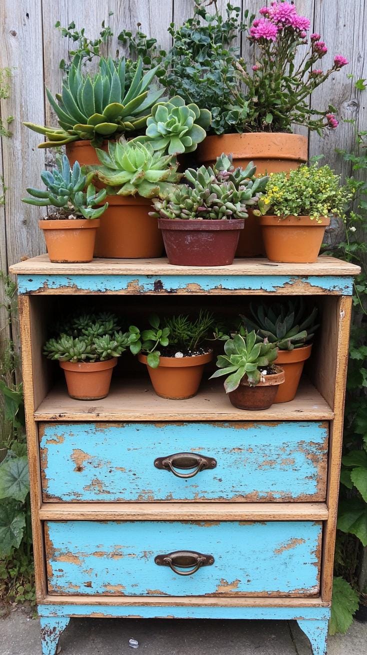 29 Vintage Garden Decor Ideas That Bring Rustic Charm Outdoors 101 25. Upcycled drawer unit filled with potted plants-2