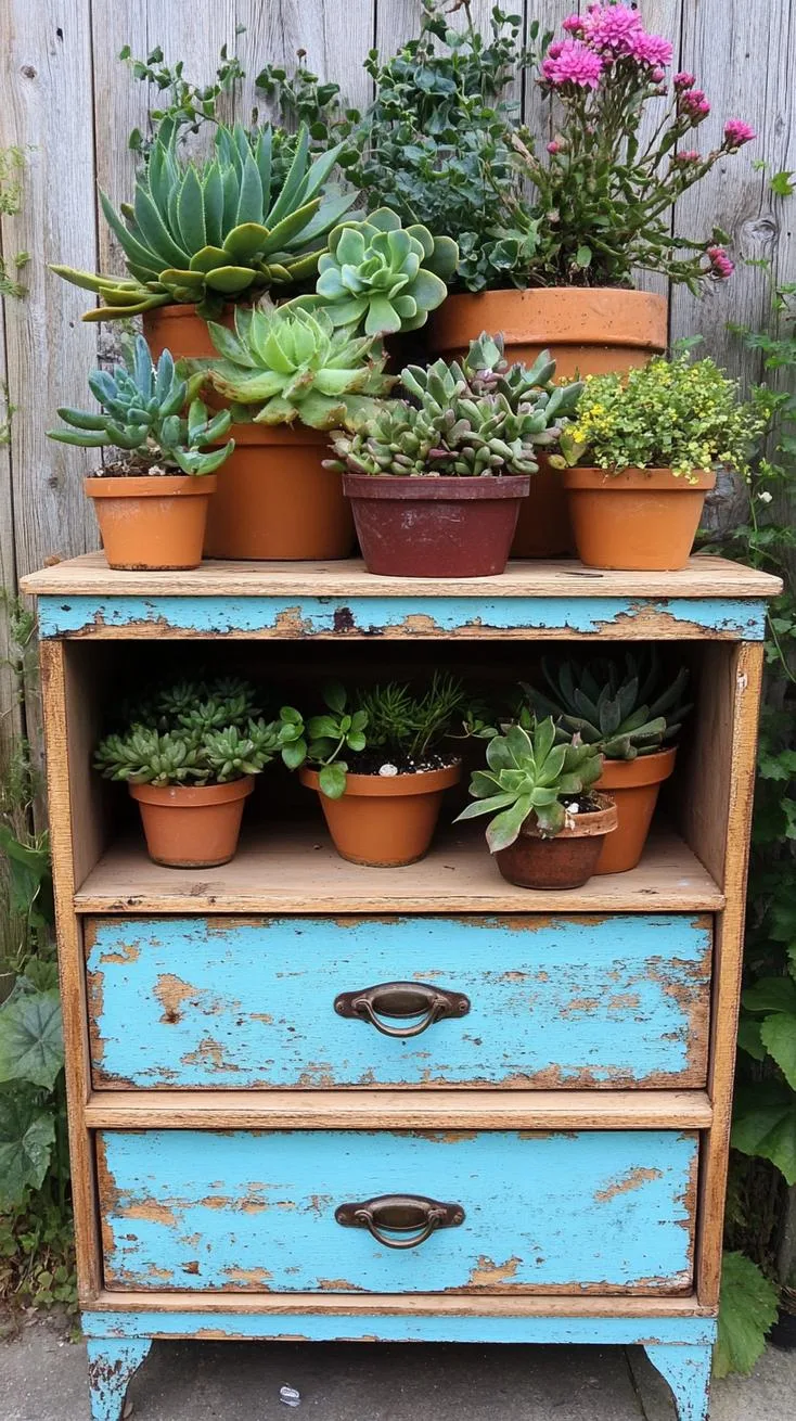 29 Vintage Garden Decor Ideas That Bring Rustic Charm Outdoors 100 25. Upcycled drawer unit filled with potted plants-2