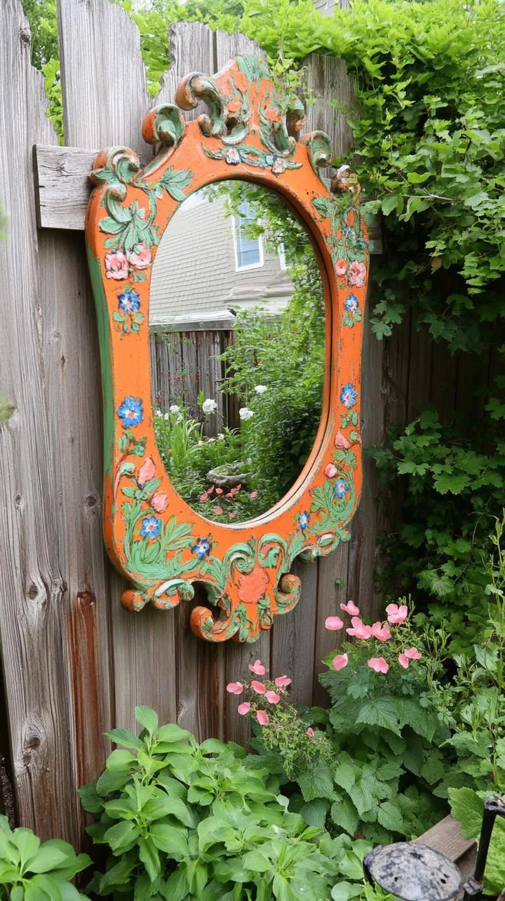 6. Upcycled mirror frame on garden fence-1