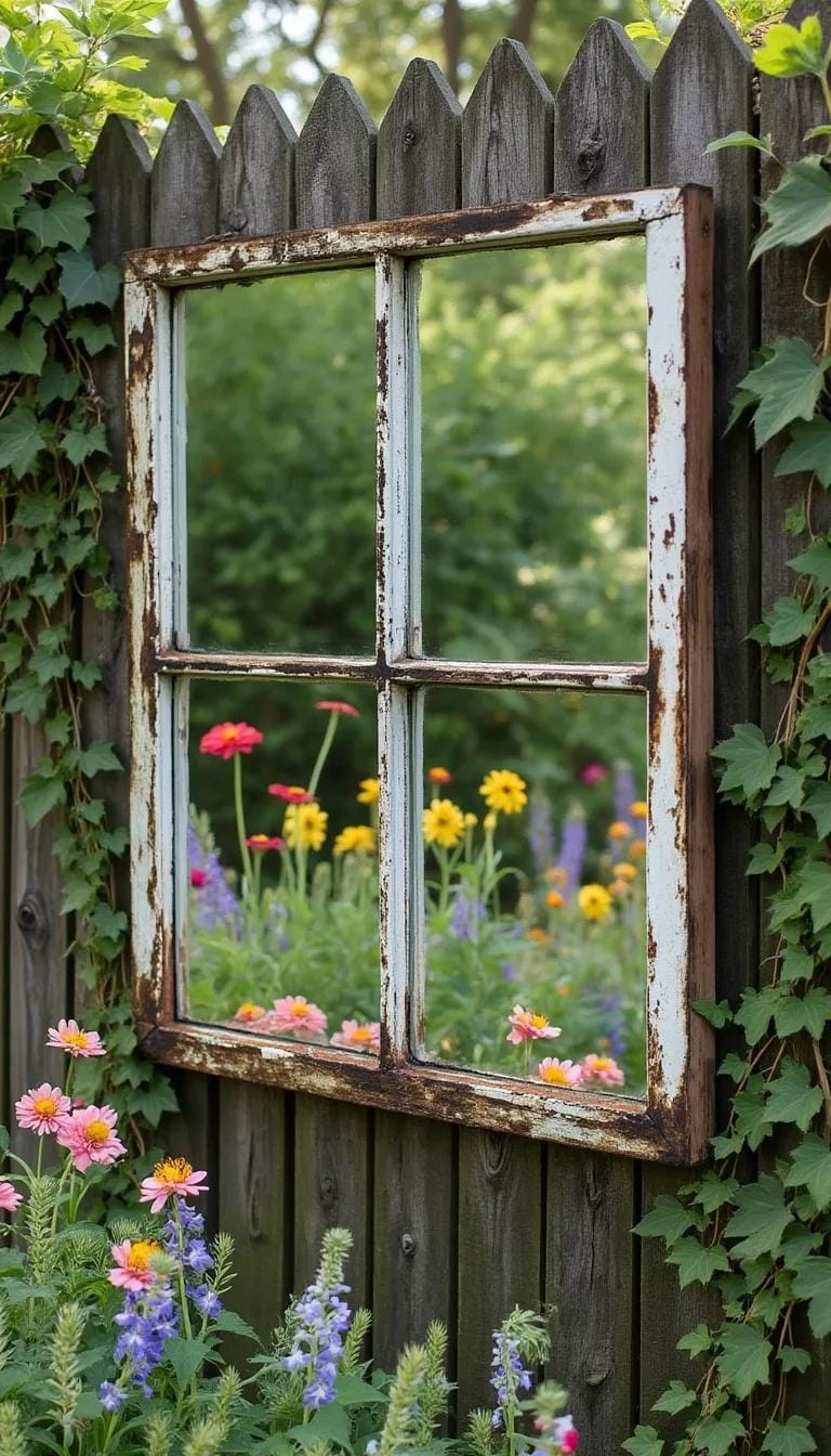 25 Rustic Farmhouse Garden Decor Ideas You Must See 16 8. Upcycled old window frame as a garden mirror-0