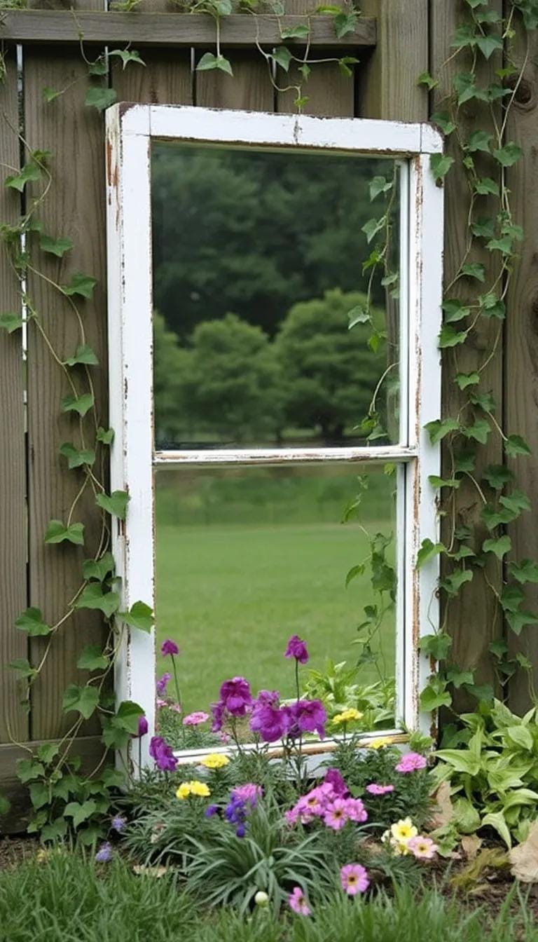 25 Rustic Farmhouse Garden Decor Ideas You Must See 17 8. Upcycled old window frame as a garden mirror-1