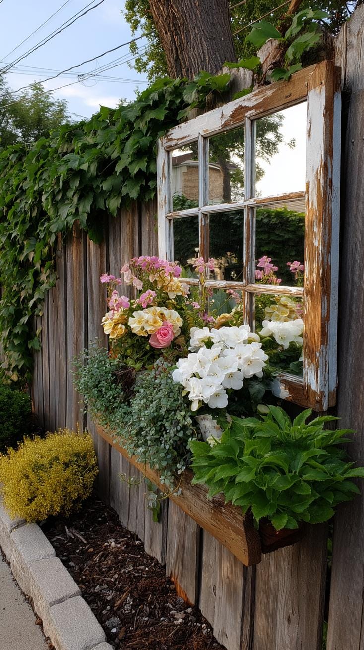 25 Rustic Farmhouse Garden Decor Ideas You Must See 18 8. Upcycled old window frame as a garden mirror-2