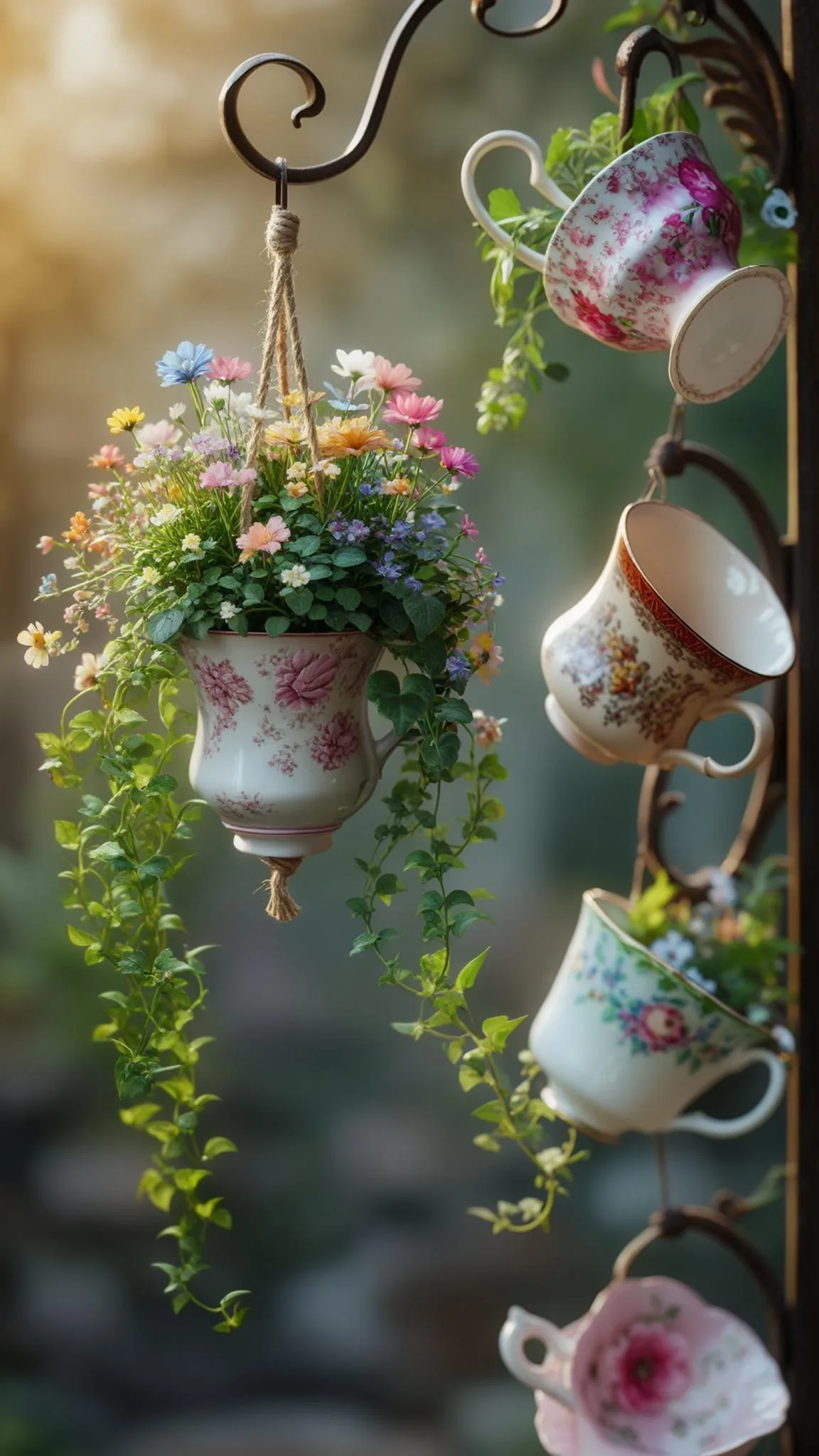 6. Upcycled teacup planters hanging on wrought iron hooks-1