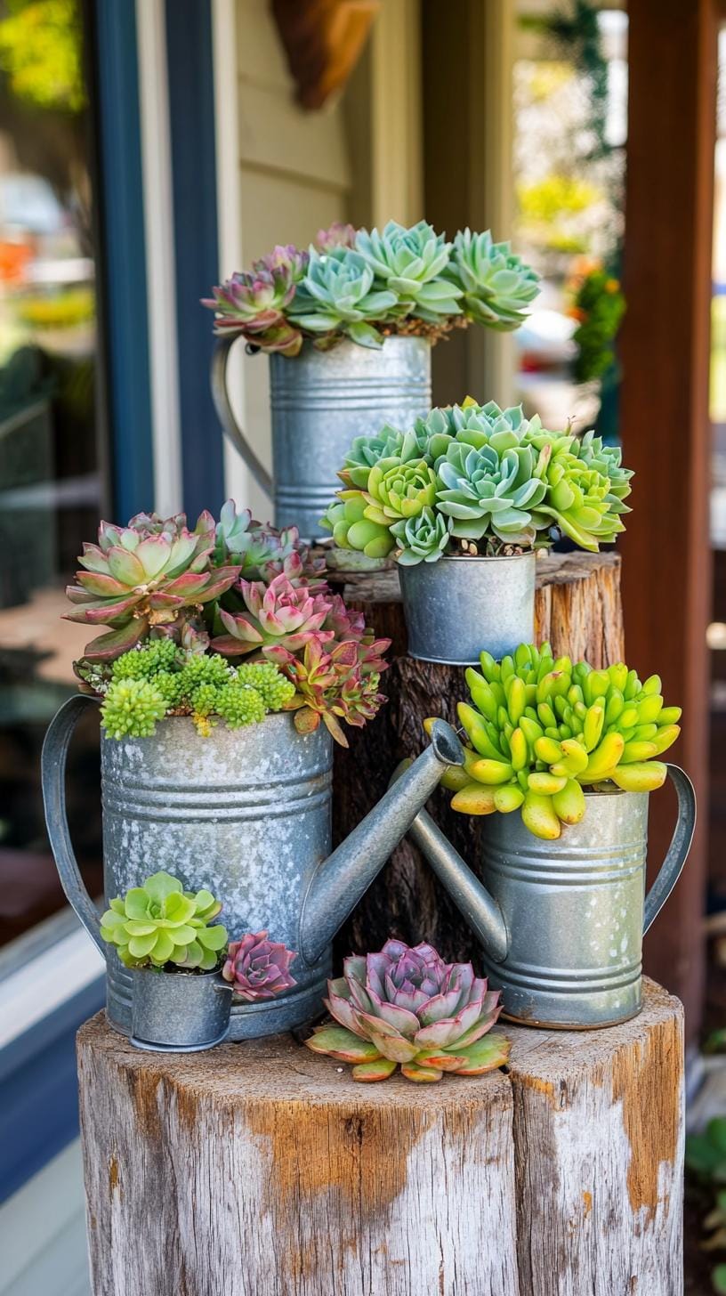 25 Rustic Farmhouse Garden Decor Ideas You Must See 47 24. Upcycled tin watering cans planted with succulents-0