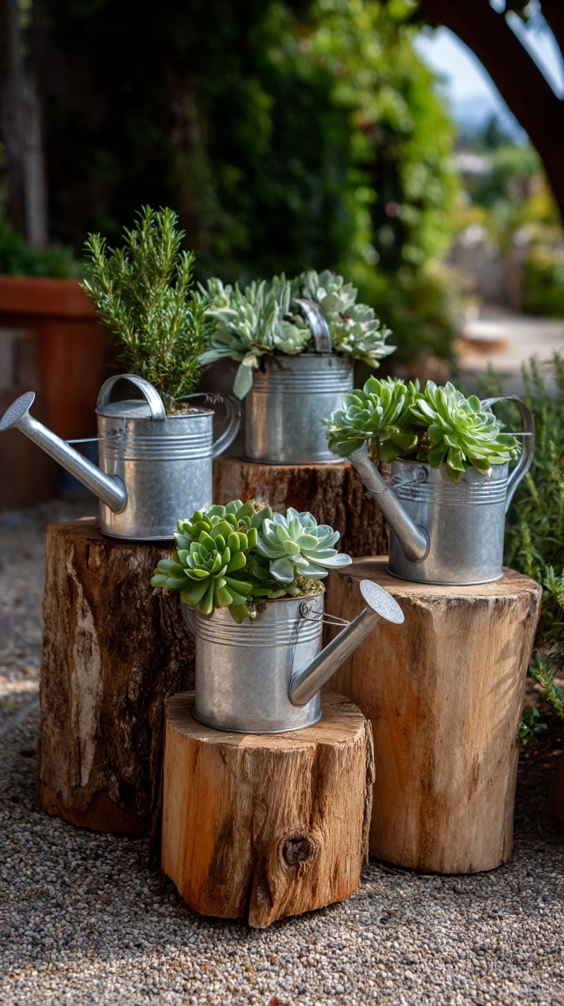 25 Rustic Farmhouse Garden Decor Ideas You Must See 48 24. Upcycled tin watering cans planted with succulents-1