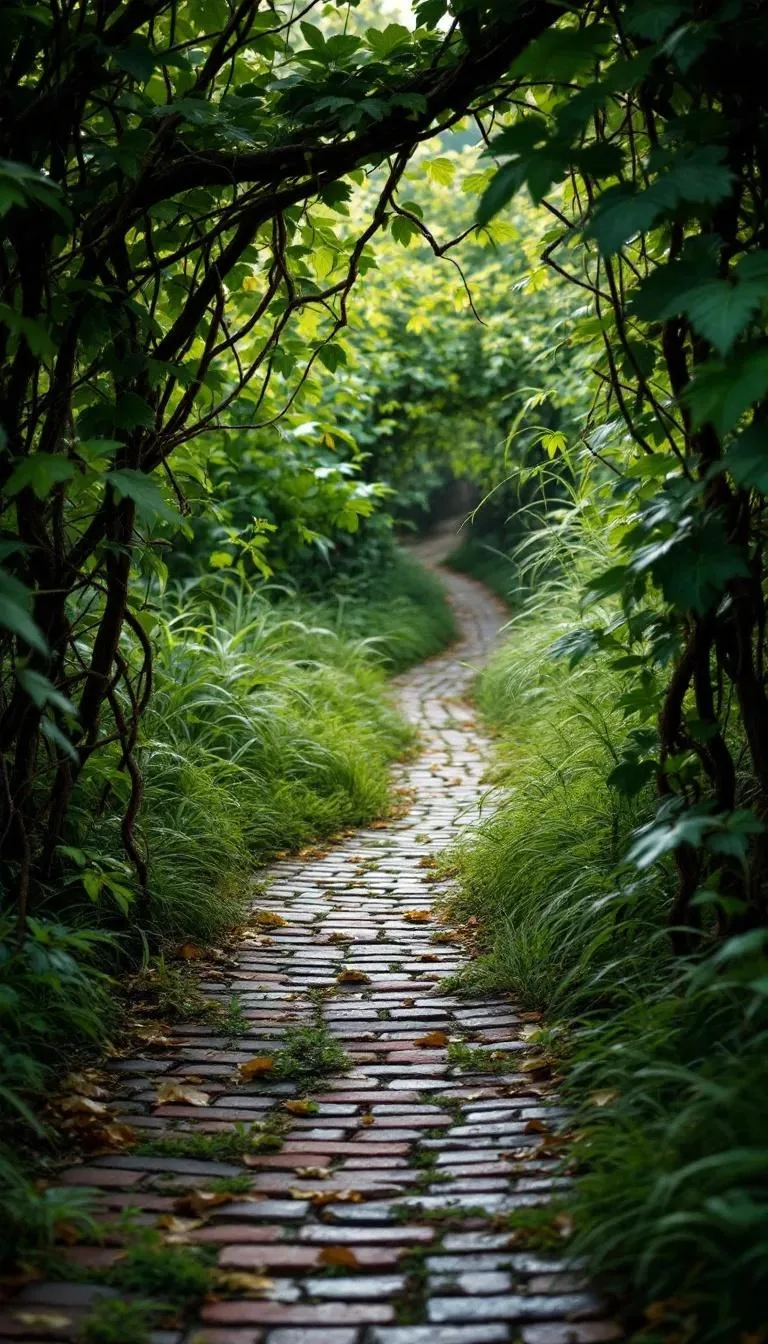 6. Vine-draped brick pathway leading to mystery-2