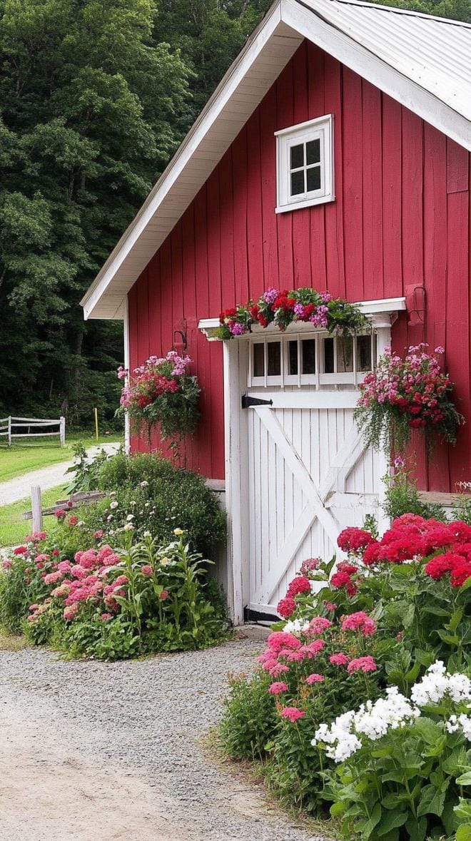 27 Charming Farmhouse Landscaping Ideas for a Beautiful Rustic Yard 72 26. Vintage barnyard entry lined with wild bushes-0