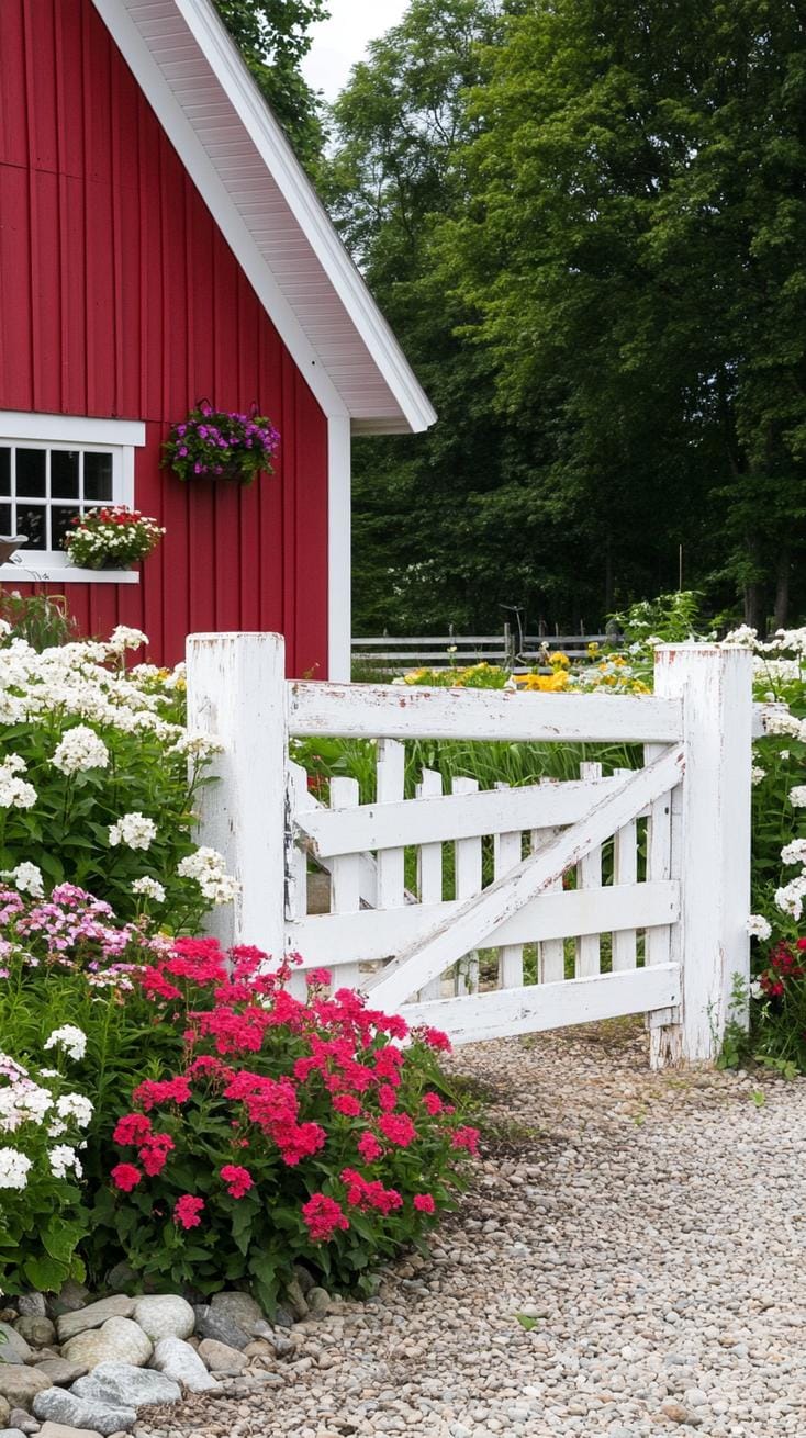 27 Charming Farmhouse Landscaping Ideas for a Beautiful Rustic Yard 73 26. Vintage barnyard entry lined with wild bushes-1