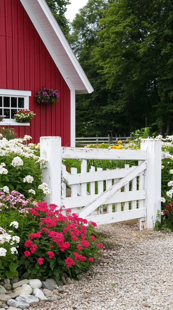 27 Charming Farmhouse Landscaping Ideas for a Beautiful Rustic Yard 72 26. Vintage barnyard entry lined with wild bushes-1