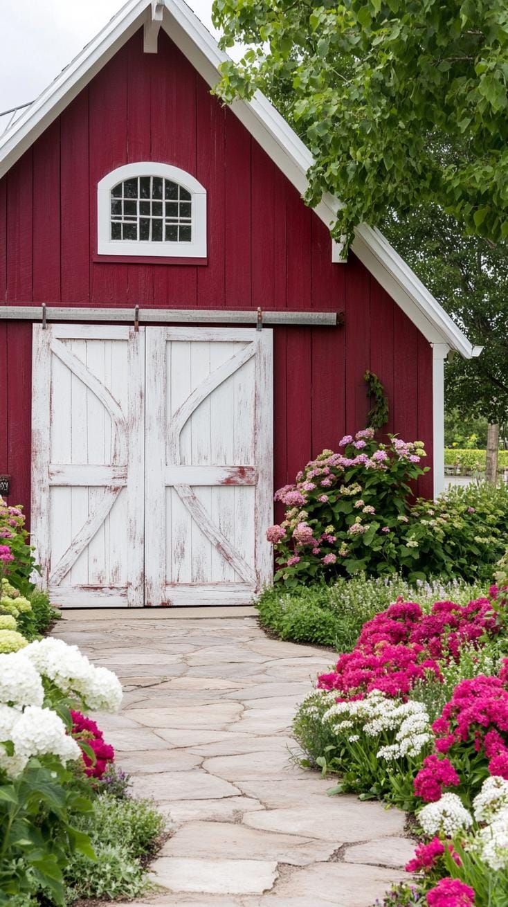 27 Charming Farmhouse Landscaping Ideas for a Beautiful Rustic Yard 74 26. Vintage barnyard entry lined with wild bushes-2
