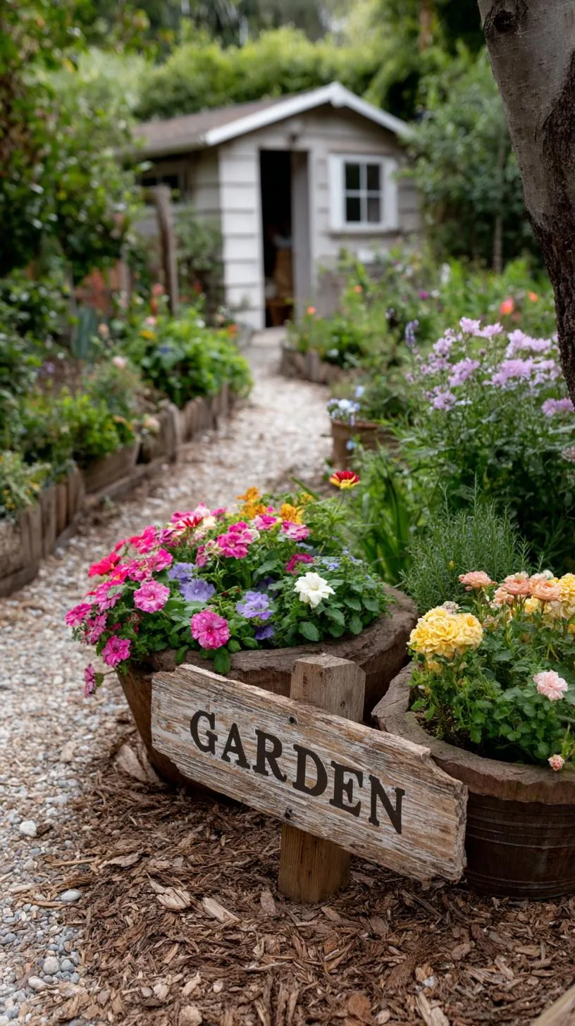 35 Dreamy Cottage Garden Ideas for Timeless Charm 55 23. Vintage garden sign among overflowing planters-0