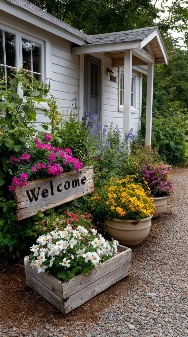 35 Dreamy Cottage Garden Ideas for Timeless Charm 56 23. Vintage garden sign among overflowing planters-1