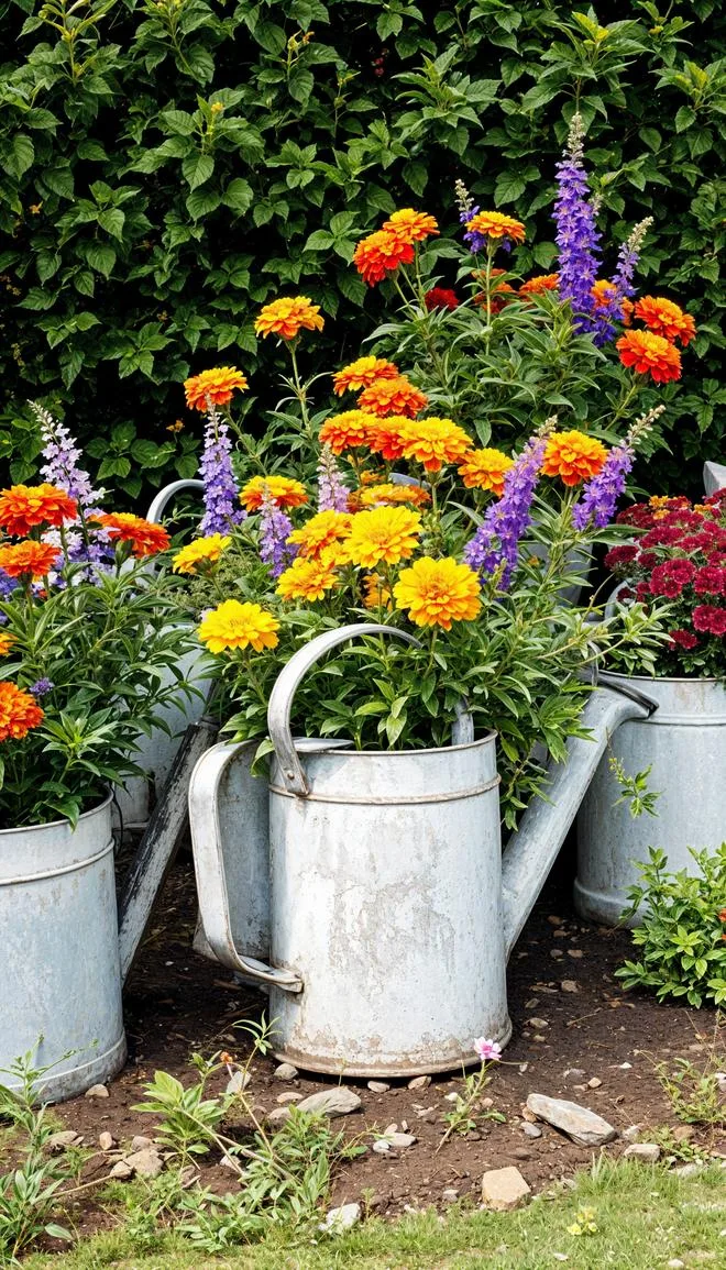 29 Vintage Garden Decor Ideas That Bring Rustic Charm Outdoors 9 2. Vintage metal watering cans used as planters-1