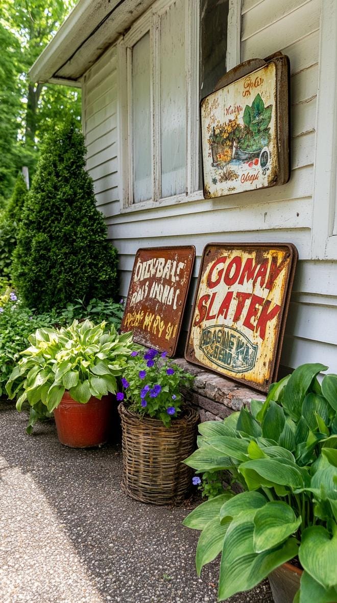 29 Vintage Garden Decor Ideas That Bring Rustic Charm Outdoors 75 18. Vintage tin signs leaning against garden fence-0