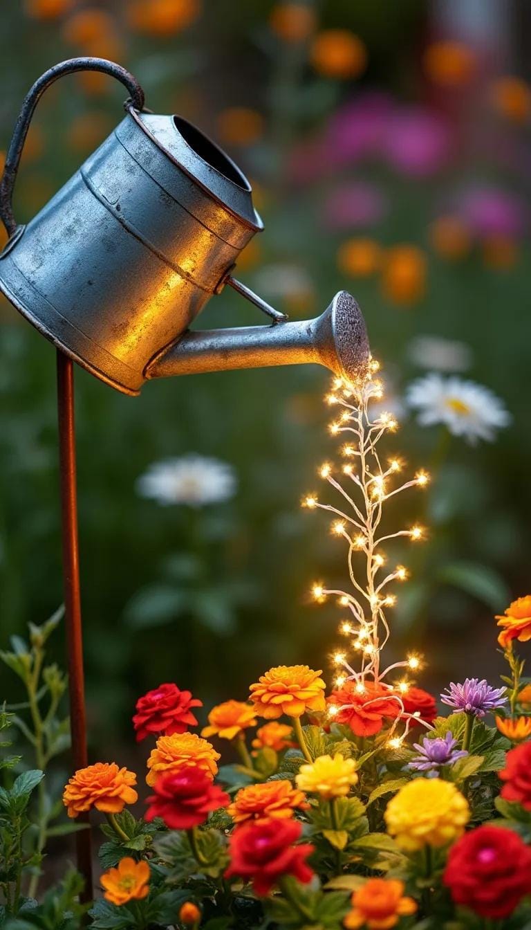 25 Rustic Farmhouse Garden Decor Ideas You Must See 13 6. Vintage watering can pouring string lights into flower bed-0