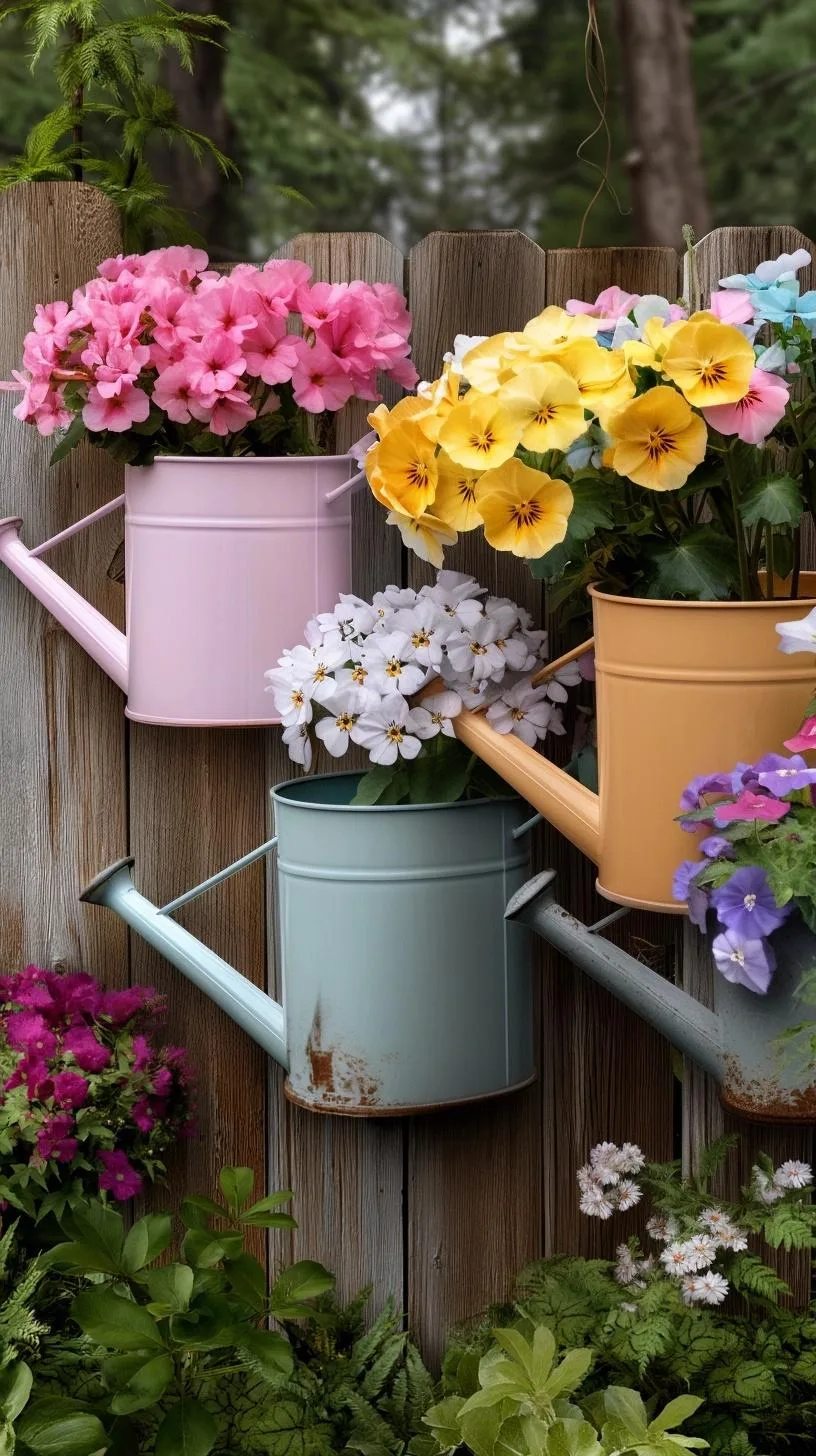 3. Vintage watering cans mounted on fence with cascading flowers-0