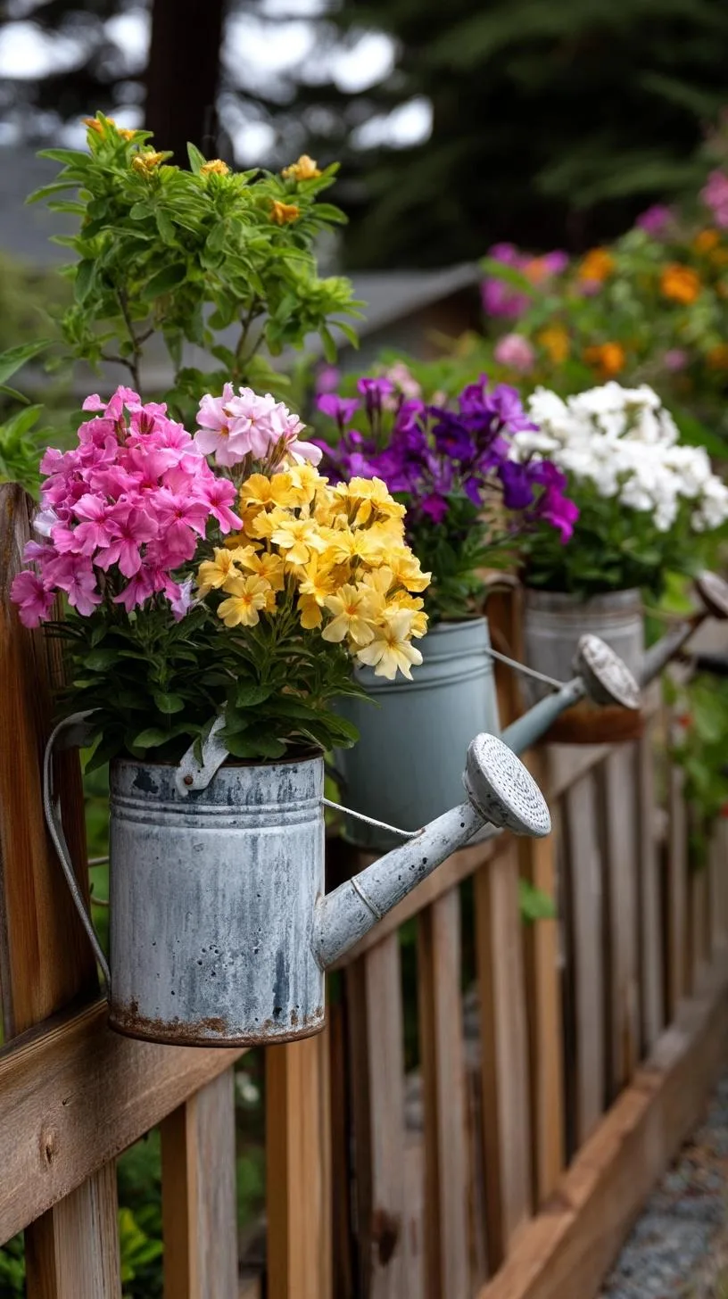 3. Vintage watering cans mounted on fence with cascading flowers-1