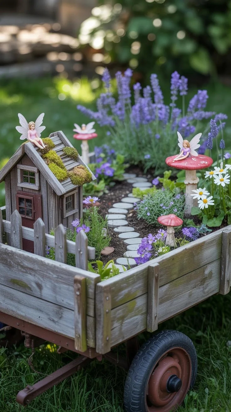 13. Wagon planter filled with whimsical fairy village-0