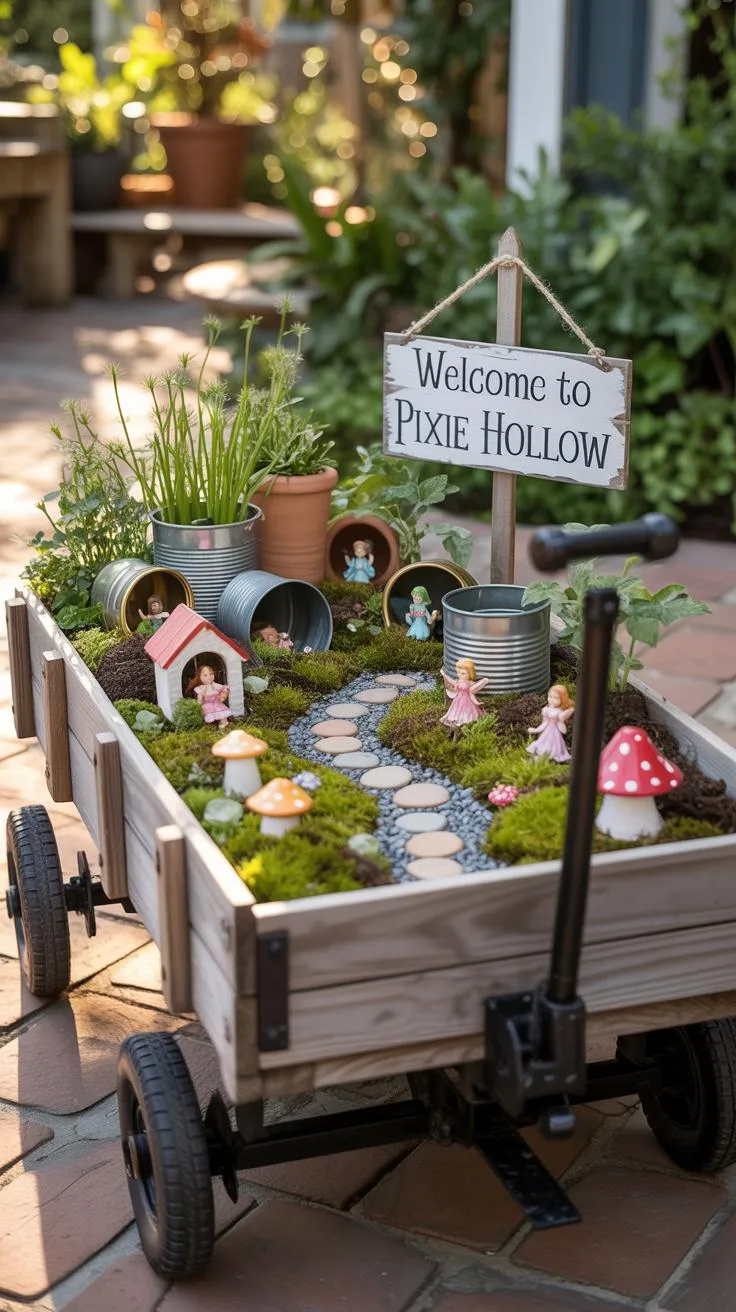 13. Wagon planter filled with whimsical fairy village-1