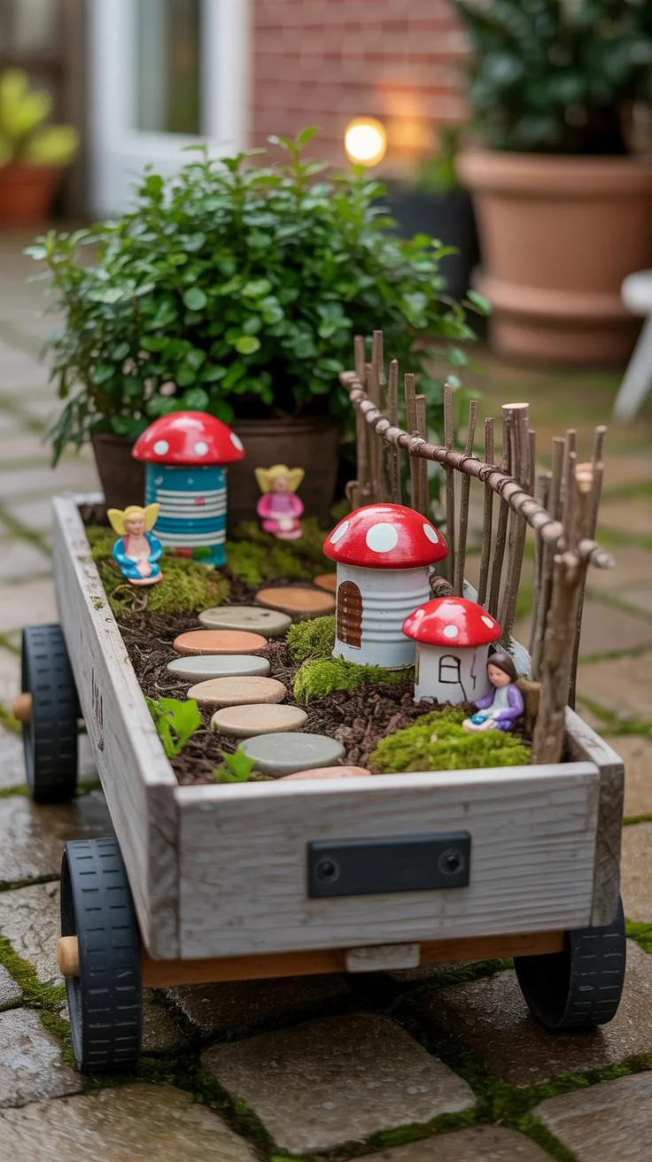 13. Wagon planter filled with whimsical fairy village-2