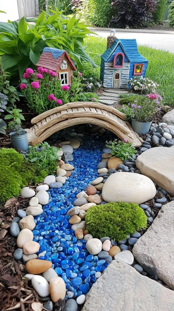 9. Waterfall fairy garden with faux stream and bridge-0