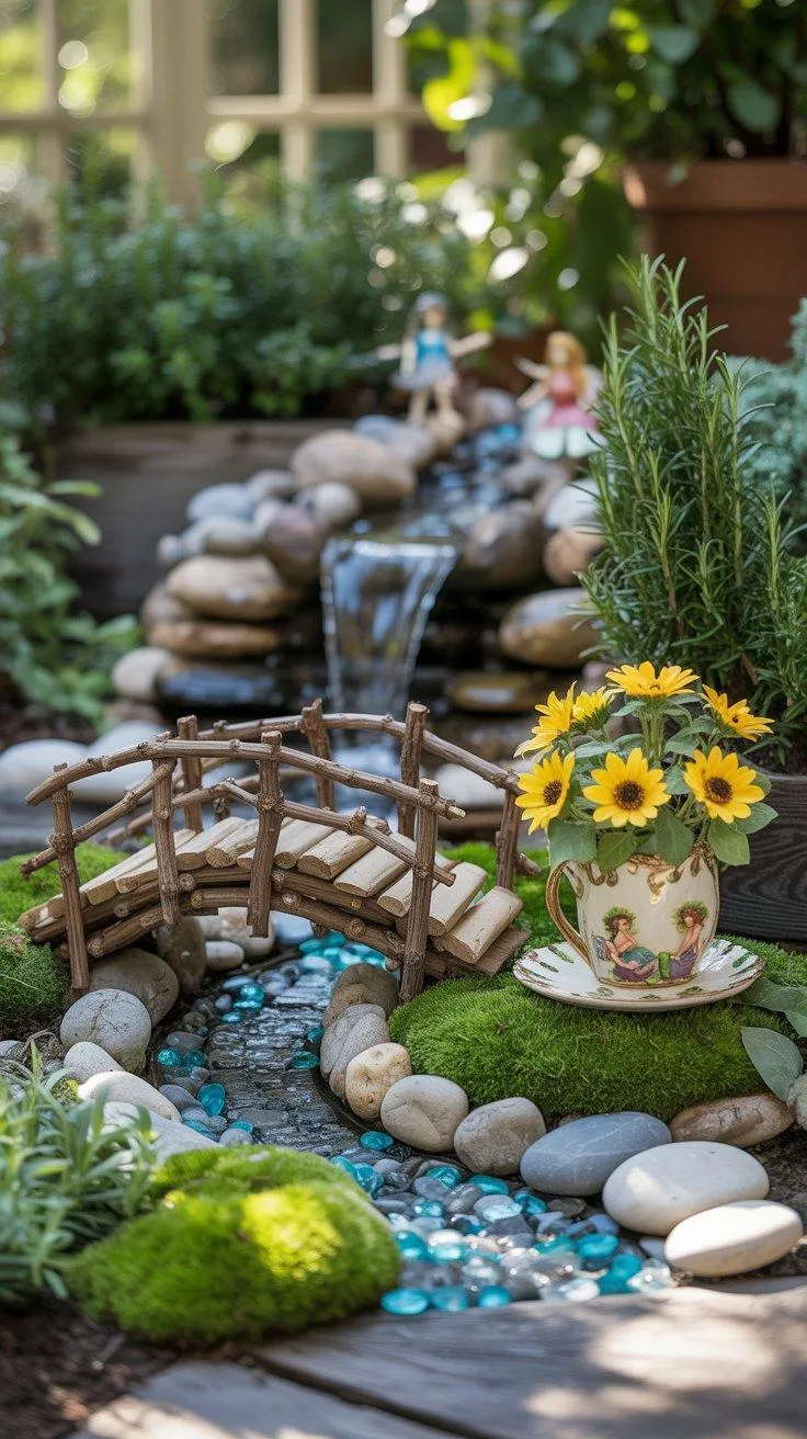 9. Waterfall fairy garden with faux stream and bridge-1
